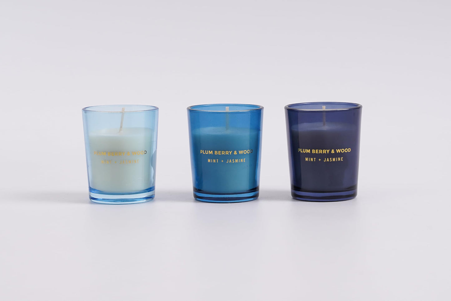 Adore Australia Plum Berry & Wood Scented Essential Oil Candles Gift Set, Mint + Jasmine, 3-Pack in Blue Glass