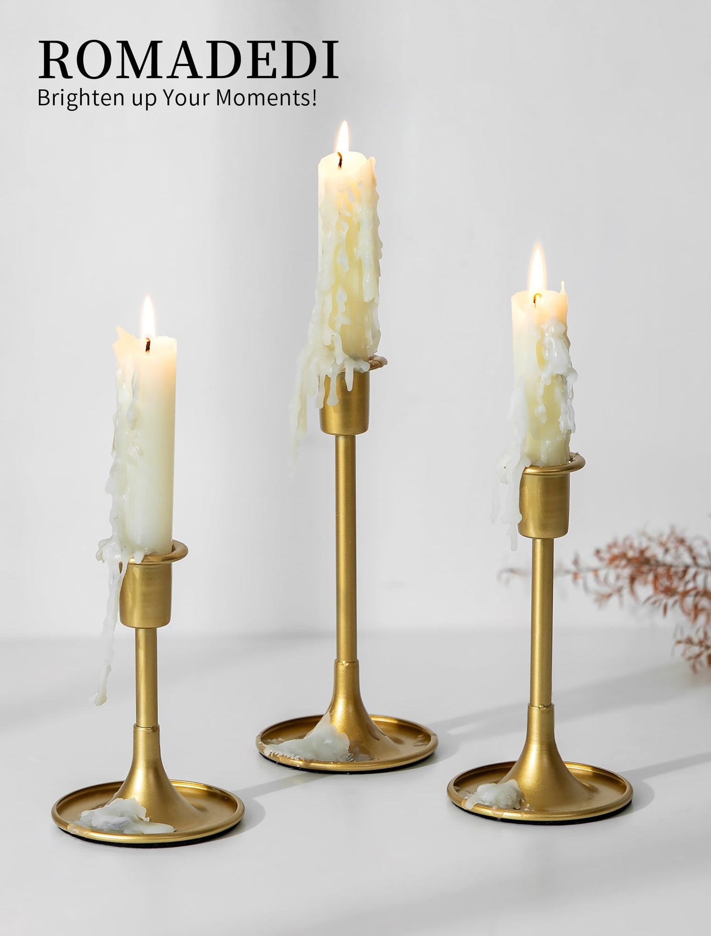 Romadedi Gold Candlestick Candle Holders - Set of 3 Taper Holders Candle Stick for Wedding Table Centerpiece Festive Christmas Mantel Decoration Home Decor