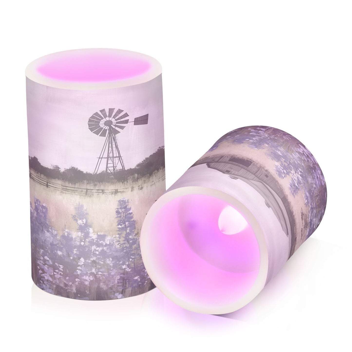 WEVIBOFU Farmhouse Landscape Wildflowers Barn Windmill Flickering Flameless Candles LED Battery Operated with Remote Timer Pillar Candles for Home Birthday Wedding Christmas Decor, Set of 2