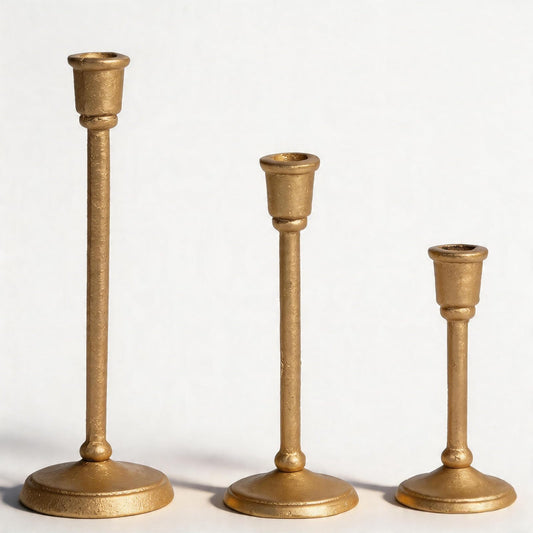 Wenbery Gold Taper Candle Holders Set of 3, Heavy Cast Iron Candlesticks with Antique Brass Finish, Sturdy Candle Sticks for Dining Table, Wedding, Fireplace, Home Decor