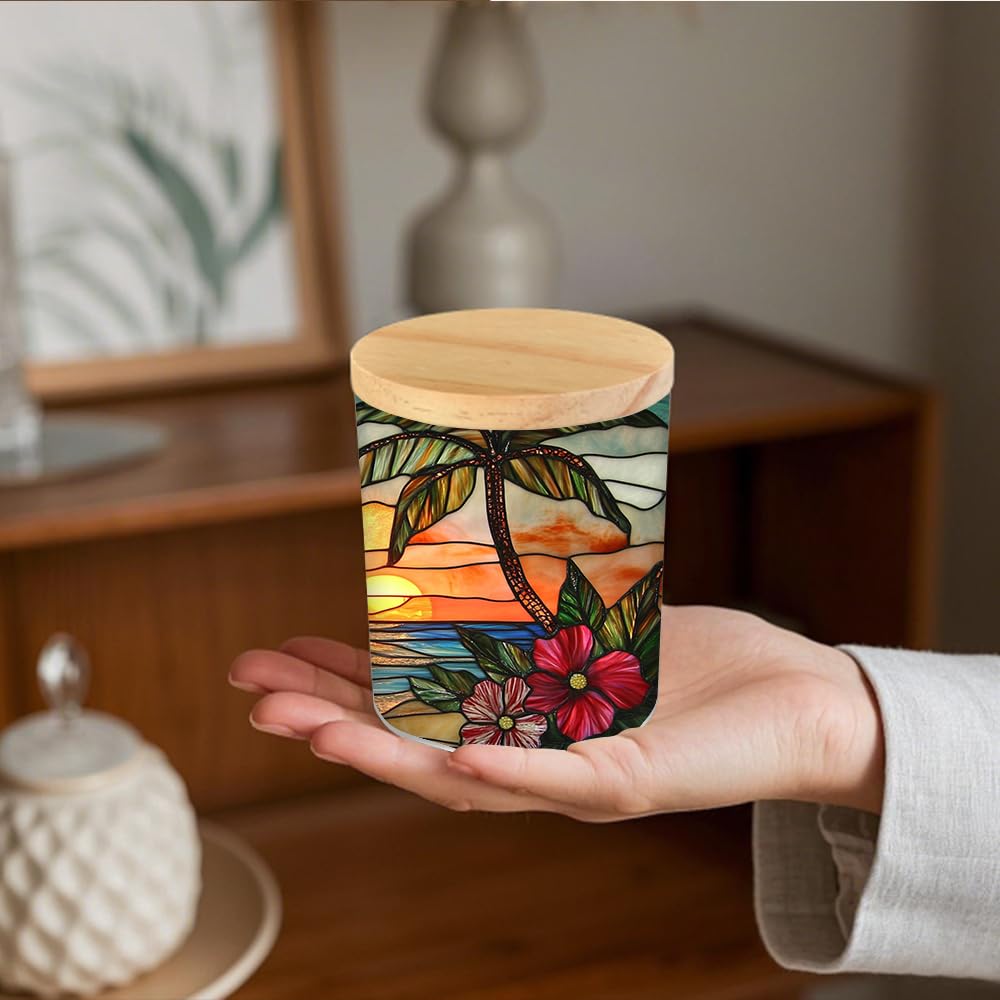 Stained Glass Seascape Tea Light Candle Jar for Home Decoration, Flowers Tealight Candle Holders with Bamboo Lid, Palm Trees Candle Candlestick for Thanksgiving Christmas Birthday