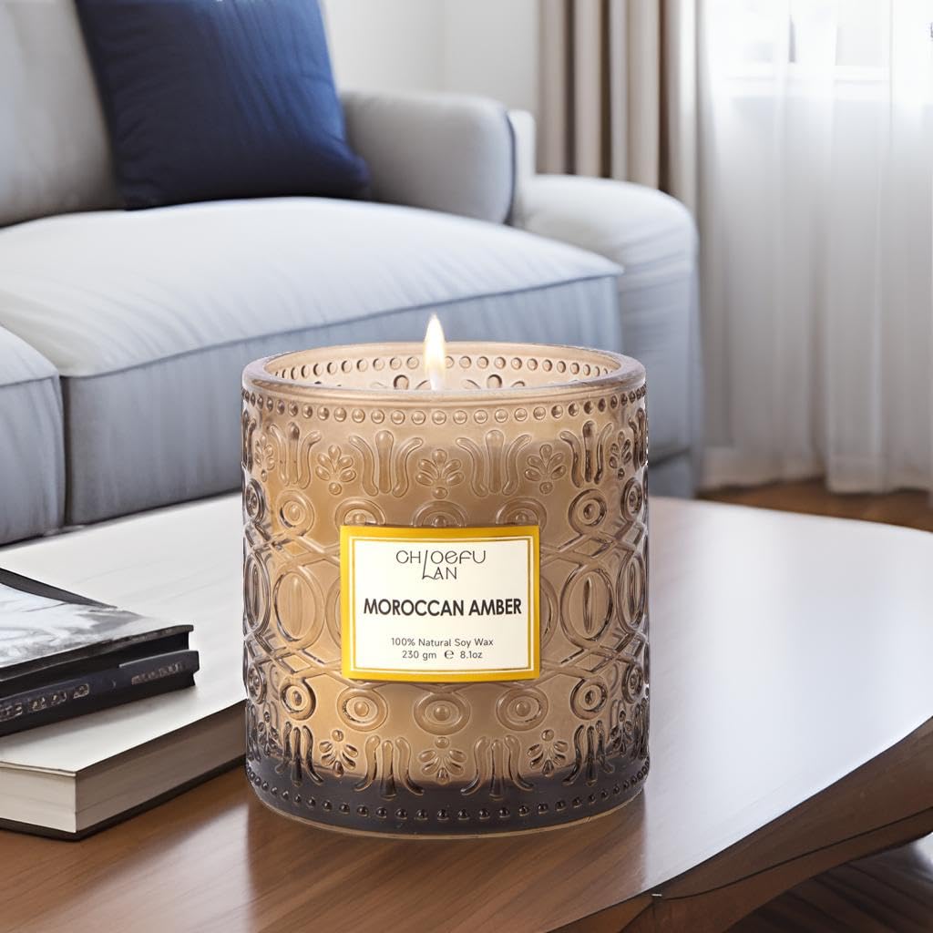 Chloefu LAN Amber Candles for Home Scented, Gifts for Women & Men, Luxury Glass Jar Candle, Natural Soy Wax, Home Decor, 55 Hours Long Burning, 8.1 oz