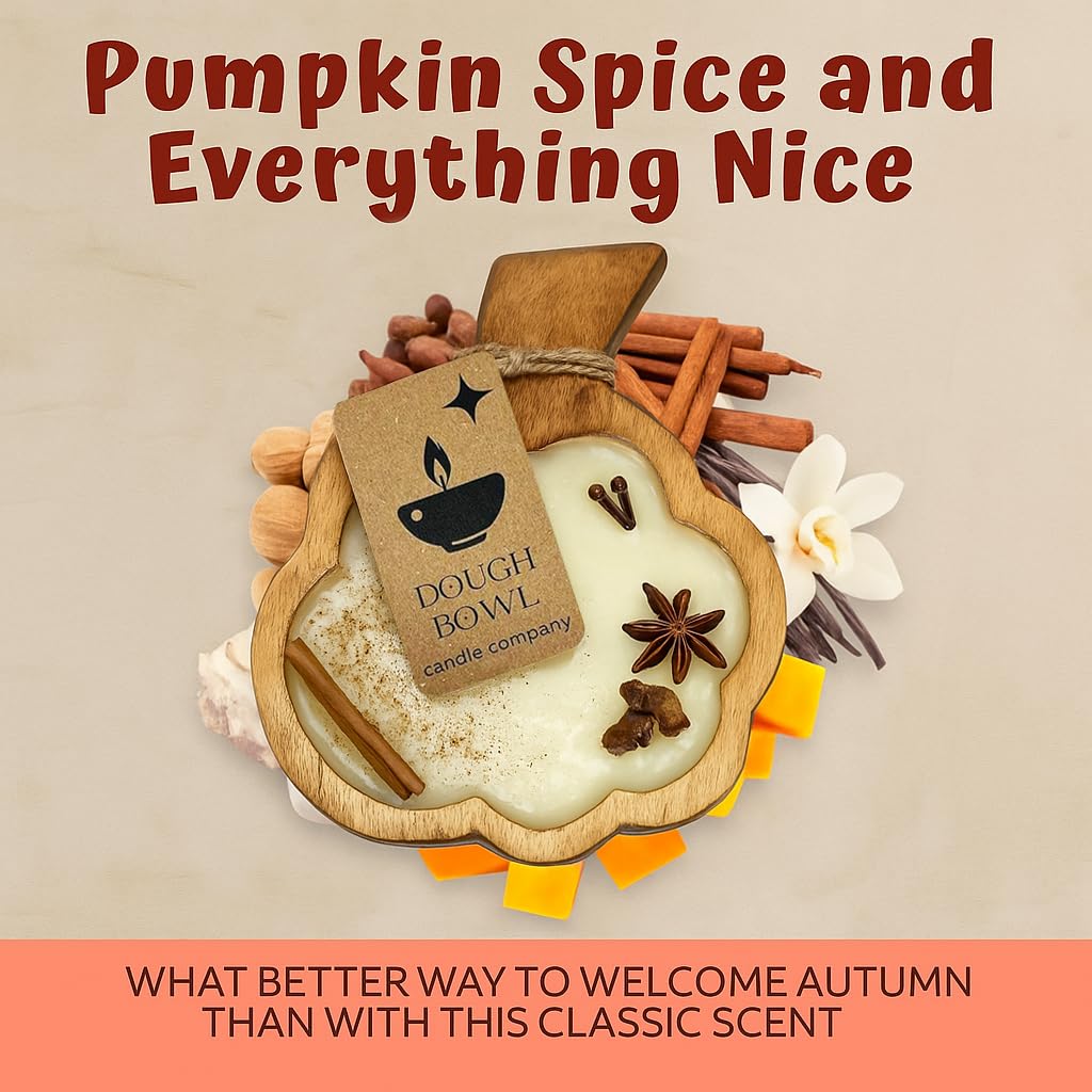 Dough Bowl Candle Co. Pumpkin Candle - 8" x 6" x 1.75" Pumpkin Spice Wooden Fall Candles with 35 Hour Burn Time, 3 Wick Fall Scented with 100% Soy Wax, Holiday Decorations, Autumn Room Decor