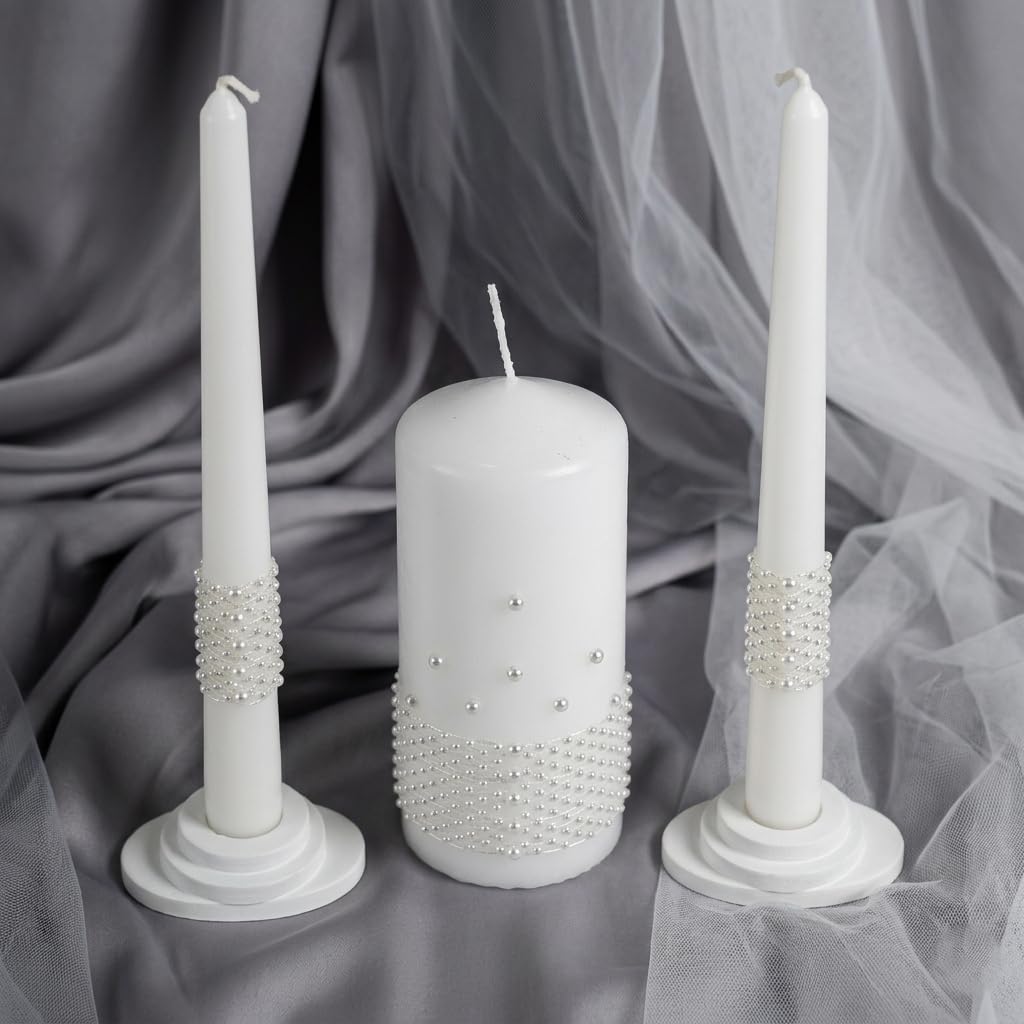 Magik Life Unity Candle Set - Wedding Ceremony & Reception Candle– 6” Pillar & Two 10” Taper Candles – Long Burning Unity Candles for Marriage Ritual – Handmade in USA – White |Pearls| Luxury