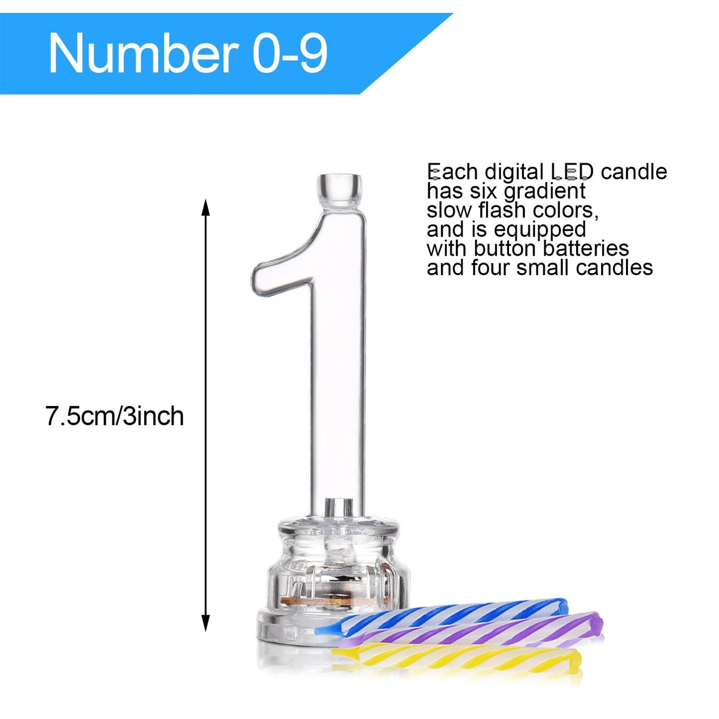 Boao 50 Pcs Birthday Number Candle Set Includes 10 Pcs Multicolor LED Flashing Number Candles with Transparent Shell and 40 Pcs Wax Candles(Colored Candle Style)
