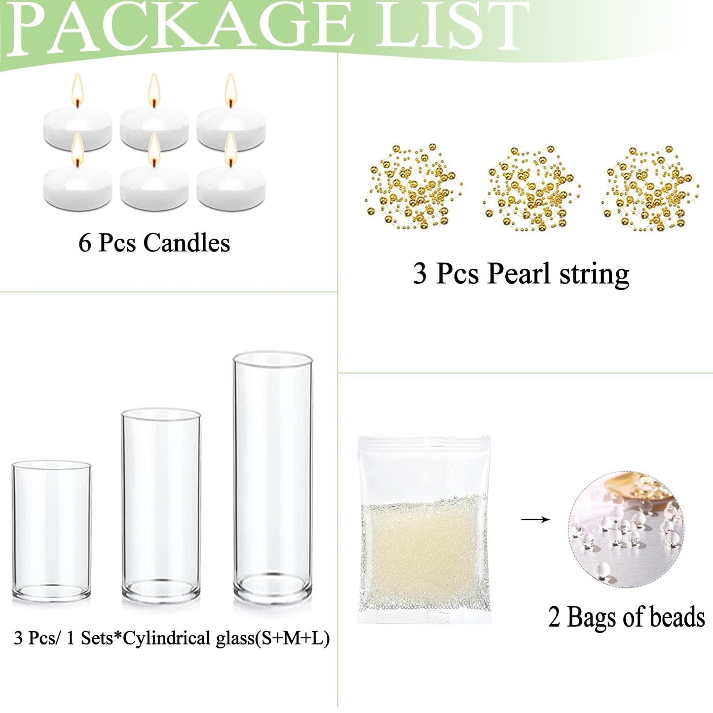 PNJHDZ Set of 3 Glass Cylinder Vases for Centerpieces with 2 Pack Vase Filler 3 Pearl String 6 White Floating Candles for Centerpieces, Table Center Pieces for Wedding Party Home Decor 5, 6, 8 Inch