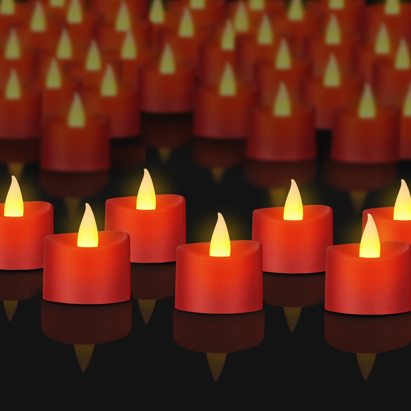 Haown 50 Pack Realistic Flameless LED Tea Lights with Red Base, Battery Operated Fake Candles with Flickering Moving Flame, Electric Votives for Valentine's Day, Wedding, Christmas, Romantic Decor