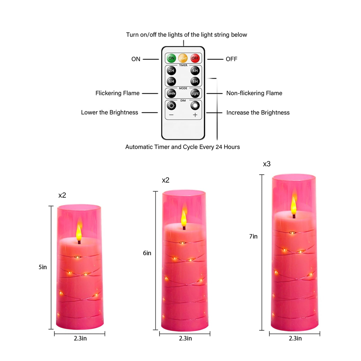 Eebuss Flameless Candles with Embedded Star String, Battery Operated LED Pillar Candles with Timer and Remote Control,Home Decorating for Ambiance， Set of 7 (Pink)