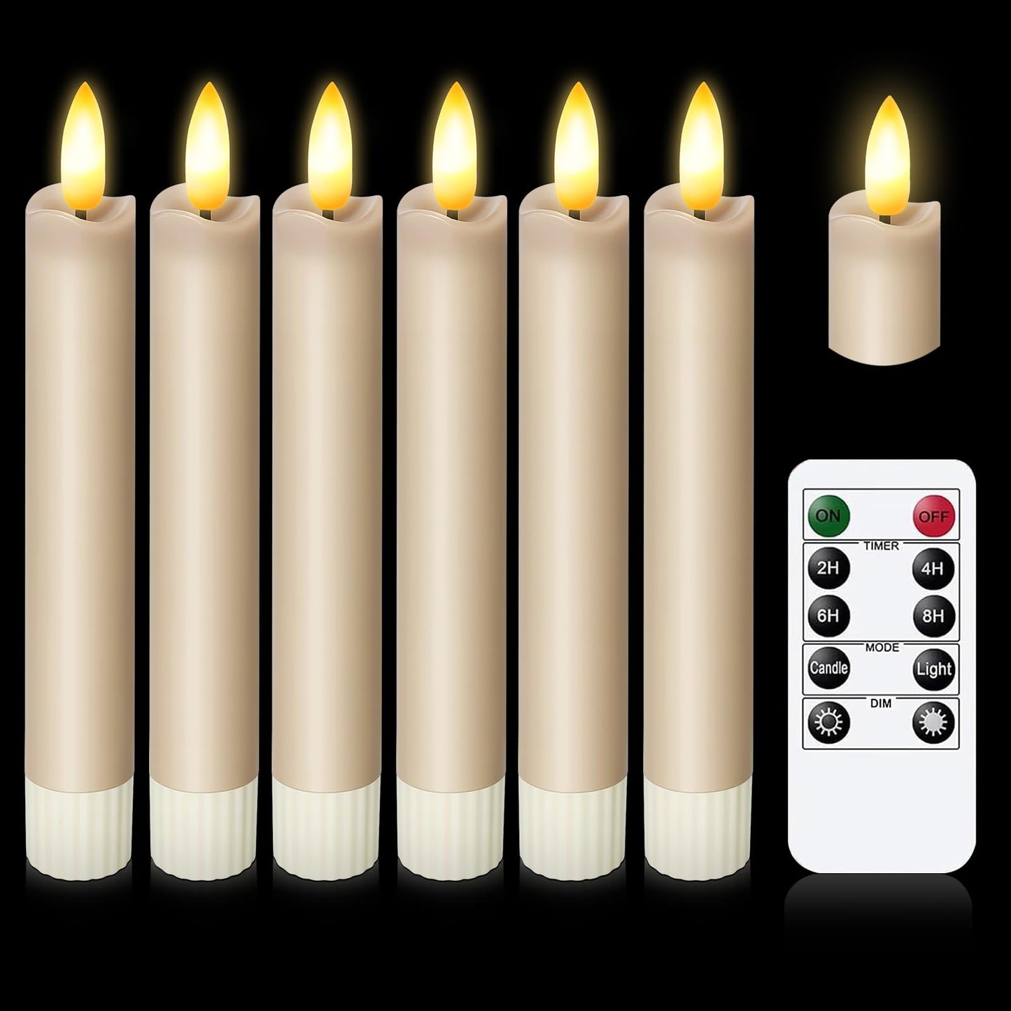 KSWING Upgraded Real Wax Short LED Flameless Taupe Taper Candles with Remote, 6 PCS Candlesticks Battery Operated 3D Flickering- 6" Realistic Fake Candle Sticks for Home/Wedding/Fireplace Xmas Decor