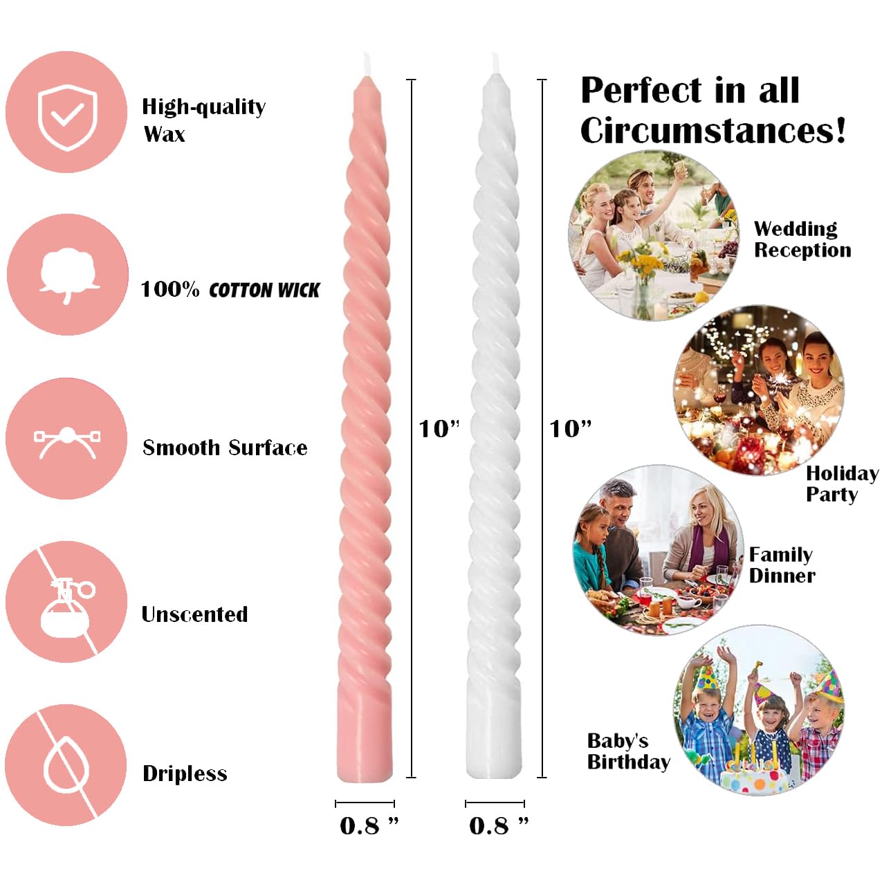 10 Inch 3 Pink and 3 White Spiral Taper Candle Set, Unscented Dripless Candlesticks for Wedding, Holiday Décor, and Festive Dinners