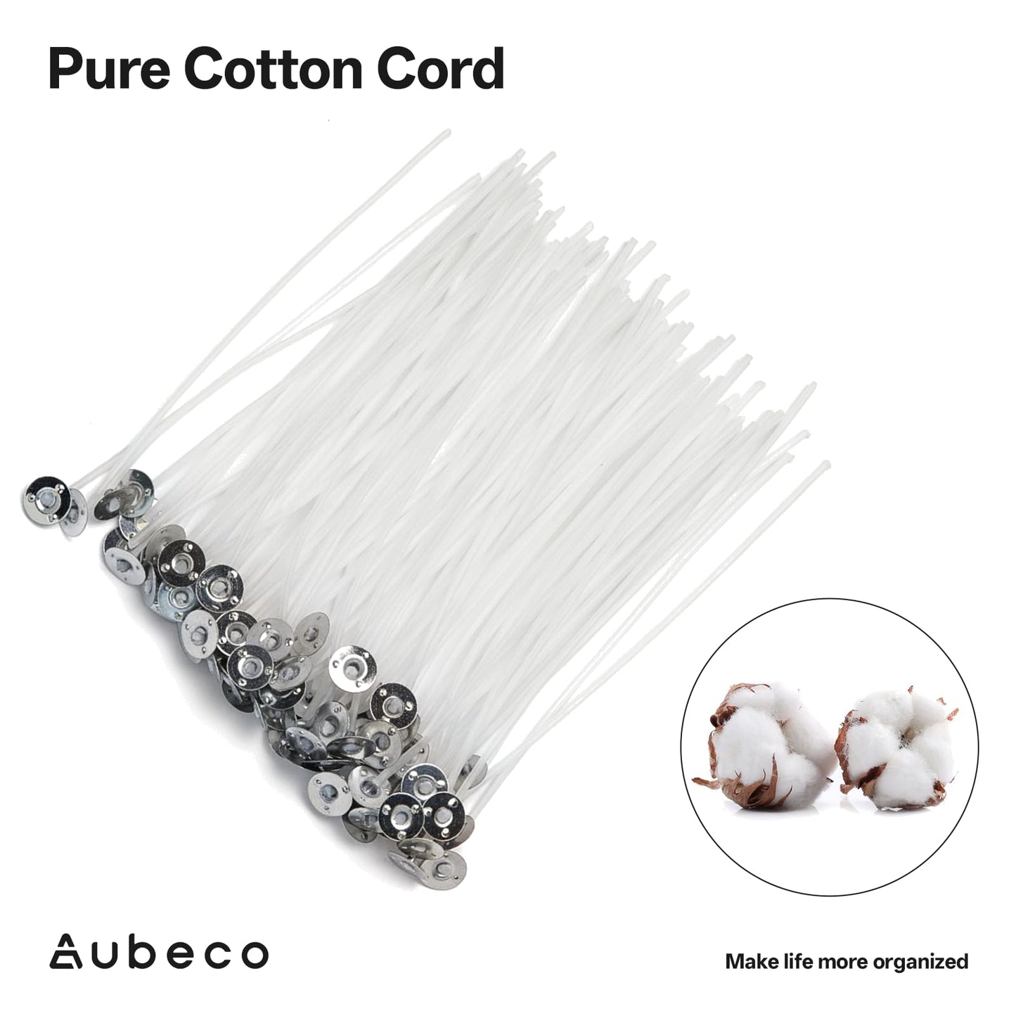 Aubeco 160Pcs 4/6/8 inch Pre Waxed Candle Wick with 160pcs Wick Stickers and 10Pcs Candle Wick Holders, Bulk Cotton Candle Wicks for Candle Making, Soy Wax