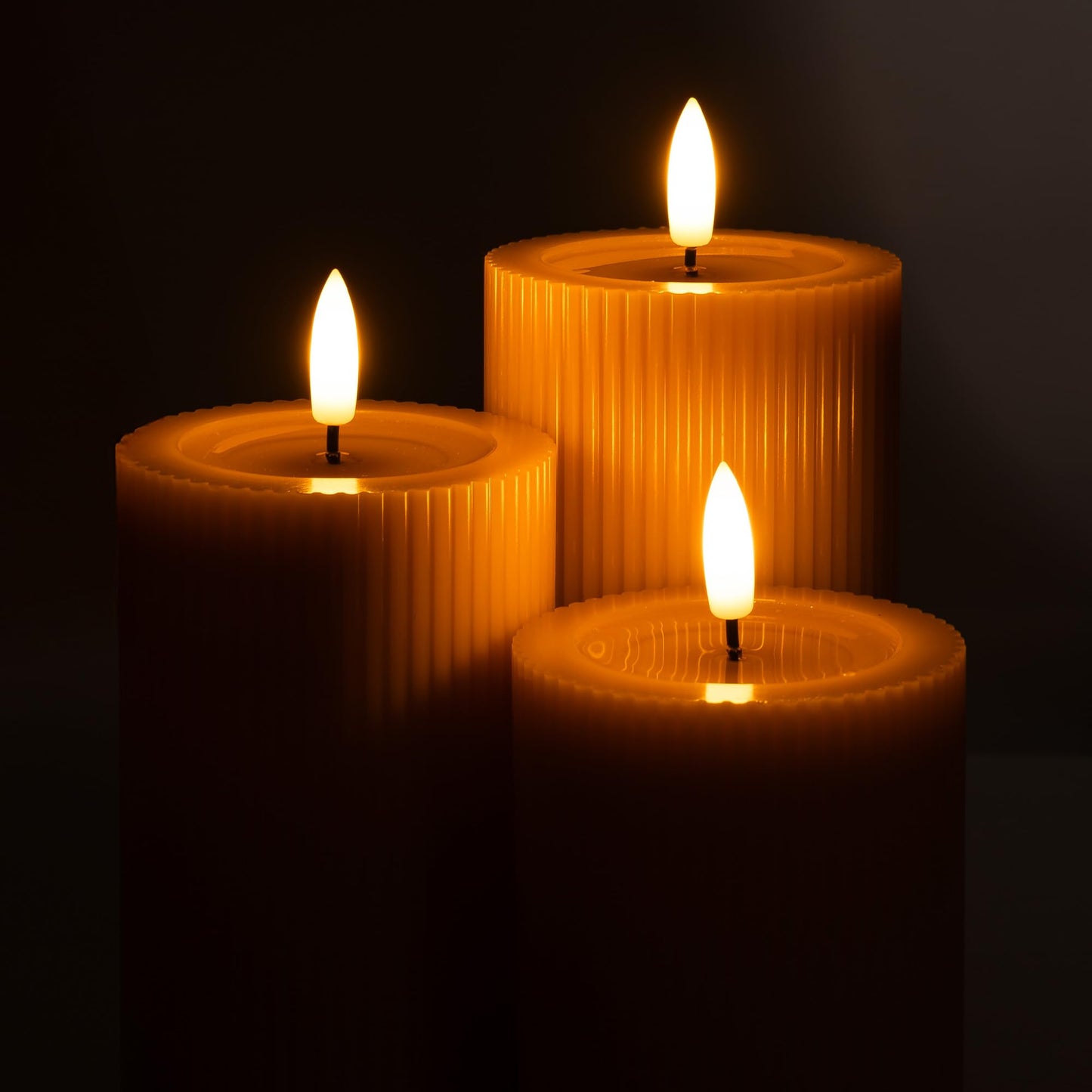 West Ivory Fluted Ribbed LED Pillar Candles, Blush Beige, with Reflective Melted-Wax Effect – Flickering Flame, Remote, Dimmable, Flameless, Battery Operated, Home & Wedding Decor (Set of 3)