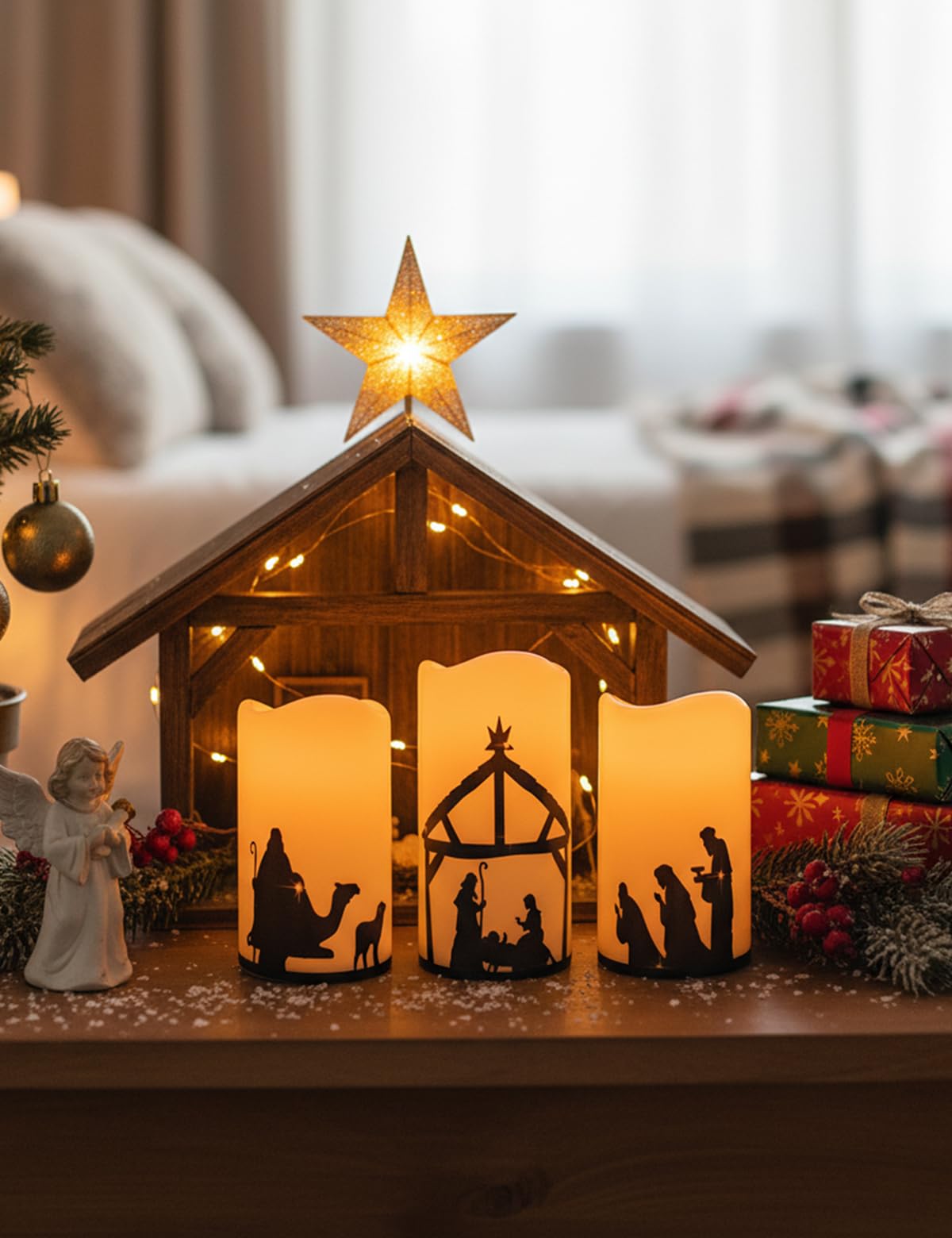 Glflickerow 3 Pcs Christmas Nativity Scene Candles with Timer Remote Battery Operated Led Pillar Religion Flameless Candles for Xmas Holiday Home Decor