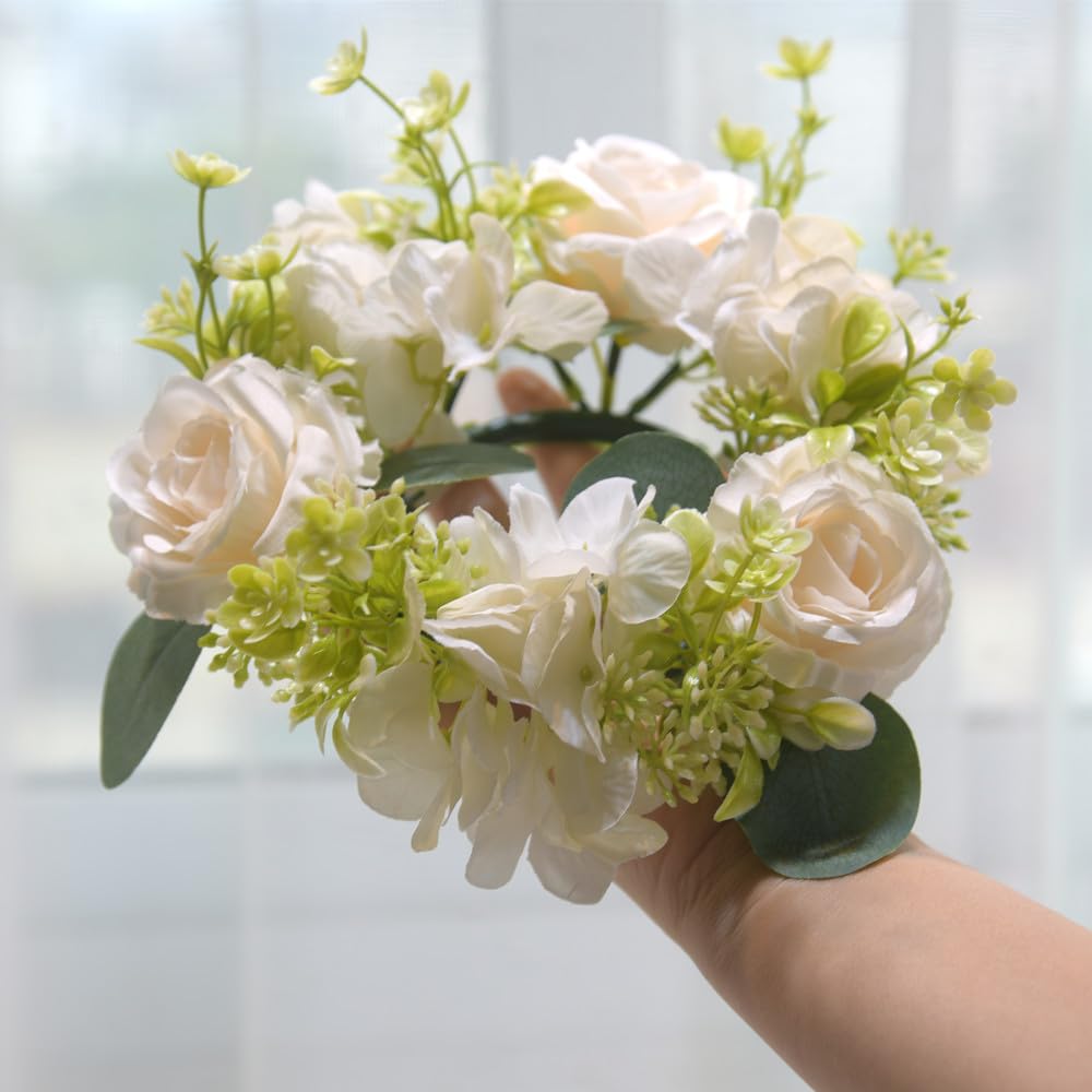 4 Pcs Candle Rings Wreaths,Artificial Hydrangea Wreath Candles Wreaths for Pillars Christmas Wedding Home Table Party Decoration (White)