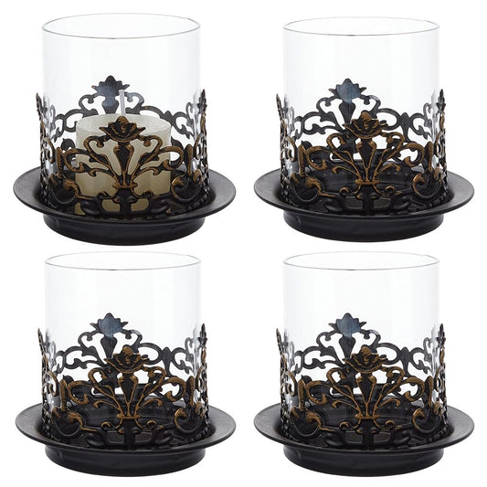 BEUNITONE 4PCS Vintage Gothic Hurricane Glass Candle Holders, Metal Base Candlestick Holders Wedding Centerpieces for Tables, Pillar Candle Holder for Versatile Decor in Formal and Everyday Settings