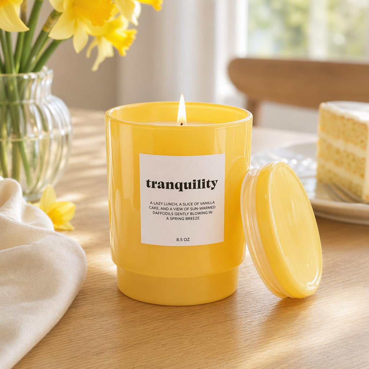 AromaLight 8.5oz with Lid Glass Jar Candle in Yellow – Tonka Bean & Amber Scent, Tranquility Collection, Soy Wax Mini Jar