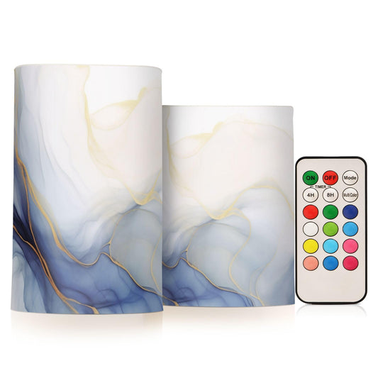 Blue White Marble Flameless Candles, Flickering LED Candles Battery Operated Color Changing with Remote Timer for Party Wedding Decoration