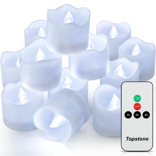 Topstone Flameless Electronic Candle Lights with Remote Control, 400 Hour Battery Life, Cold White LED Realistic Flickering Candles for Home Decor, Wedding, Christmas, Votive, Jar, Centerpiece