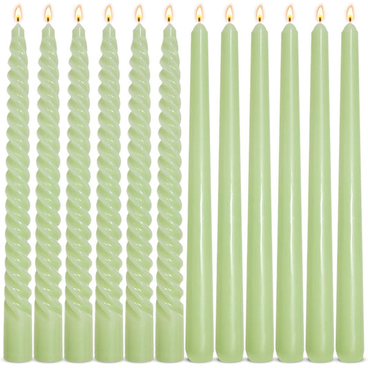 6 Pack Sage-Green Taper Candles and 6 Pack Spiral Candles Set, 10 Inch Elegant Dripless Unscented Candlesticks for Spring St. Patrick's Day Christmas Dinners Parties and Home Decor
