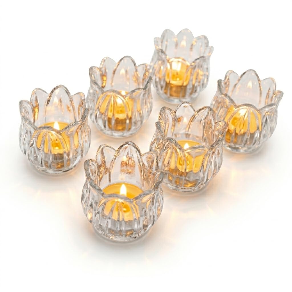 VIVAHEARTH Tulip Votive Candle Holders Set of 6, Tea Light Candle Holder Glass for Table Centerpiece, Tealight Candle Holders for Wedding Déco, Birthday, Anniversary, Parties, and Holiday (Clear)