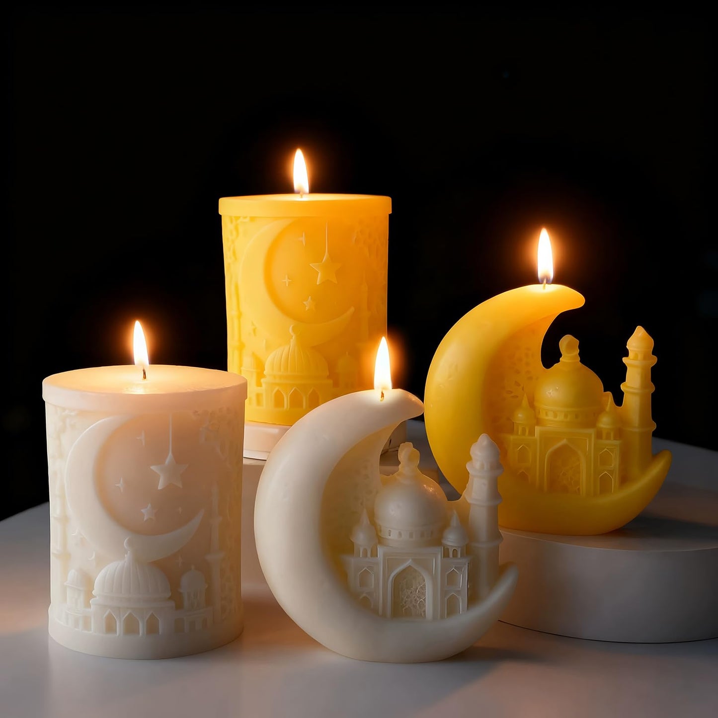 Mosque Architecture Shaped Scented Candle,White Carved Islamic Religious Theme Candle with Crescent Design,Smokeless Vanilla for Ramadan Spiritual Décor & Gift Giving (White-Moon)