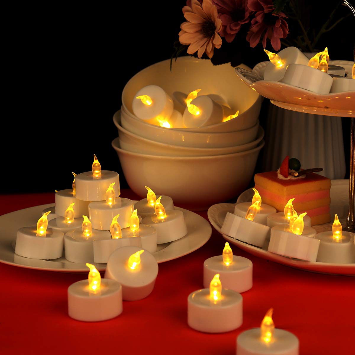 JUNPEI 50Pack Battery Tea Lights Candles- LED Tea Lights Realistic Bright Flickering Holiday Gift Operated Flameless LED Tea Light for Seasonal & Festival Celebration Warm Yellow Lamp Battery Powered
