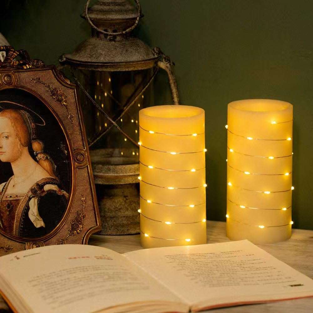 BeMoment Flickering Flameless Candles Ivory Real Wax Pillar with Embedded String Lights LED Candles Battery Operated Candle with Timer and Remote, for Bedroom, Wedding, Home Decor Set of 2 (3" x 6")