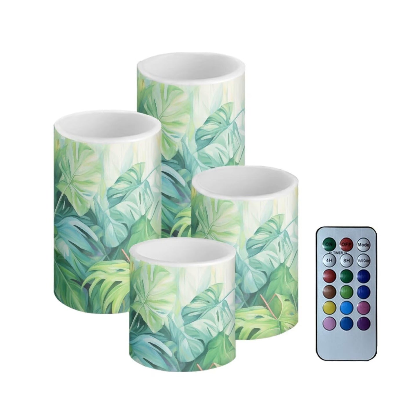 Merkmak Flickering Flamless Candles with Remote 4 Pack Battery Operated LED Pillar Candles with Timer for Outdoor Beach Wedding Coastal Home Decorations, Tropic Palm Leaves