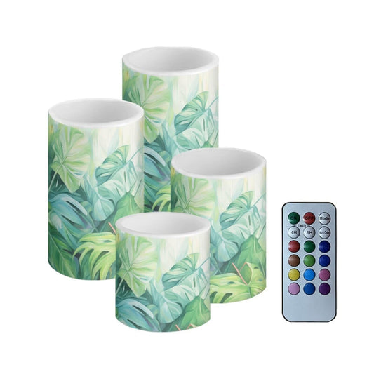 Merkmak Flickering Flamless Candles with Remote 4 Pack Battery Operated LED Pillar Candles with Timer for Outdoor Beach Wedding Coastal Home Decorations, Tropic Palm Leaves