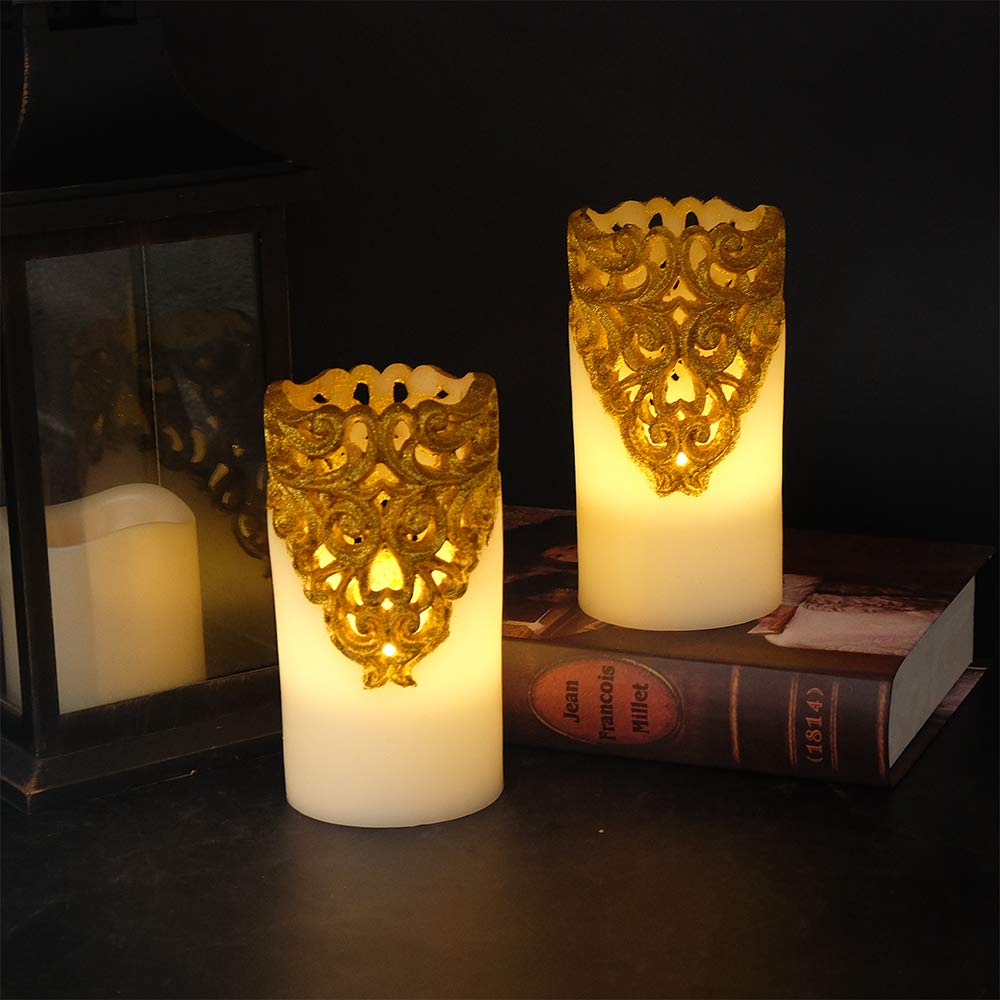 DRomance Hollow Gold Flameless Flickering Candles with 5H Timer, Battery Operated LED Pillar Candles Unscented Wax Warm Light Christmas Home Decoration(Set of 2, 3 x 6 Inches)