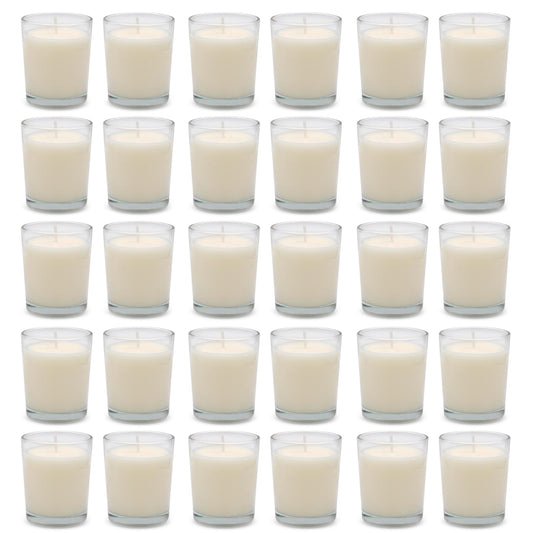 Set of 30 White Votive Candles Clear Glass Filled Unscented Soy Wax Candle for Home Décor Spa Weddings Birthday Holidays Party and DIY