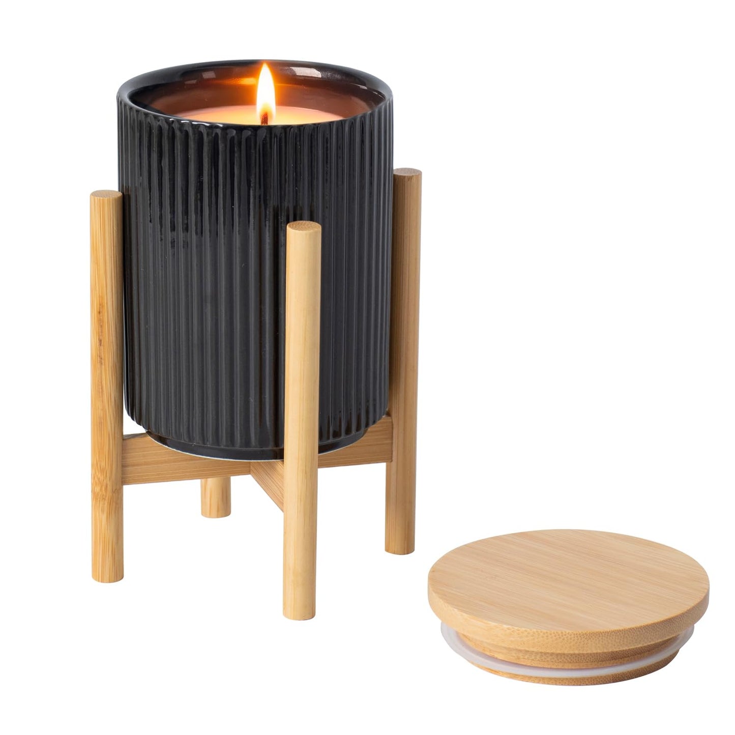 HUICAIMAO Lavender Scented Candle with Wood Stand& Ceramic Jar - 60H Natural Soy Wax, Highly Scented Aromatherapy Candle for Relaxation, Sleep & Home Decor, Elegant Gift for Women