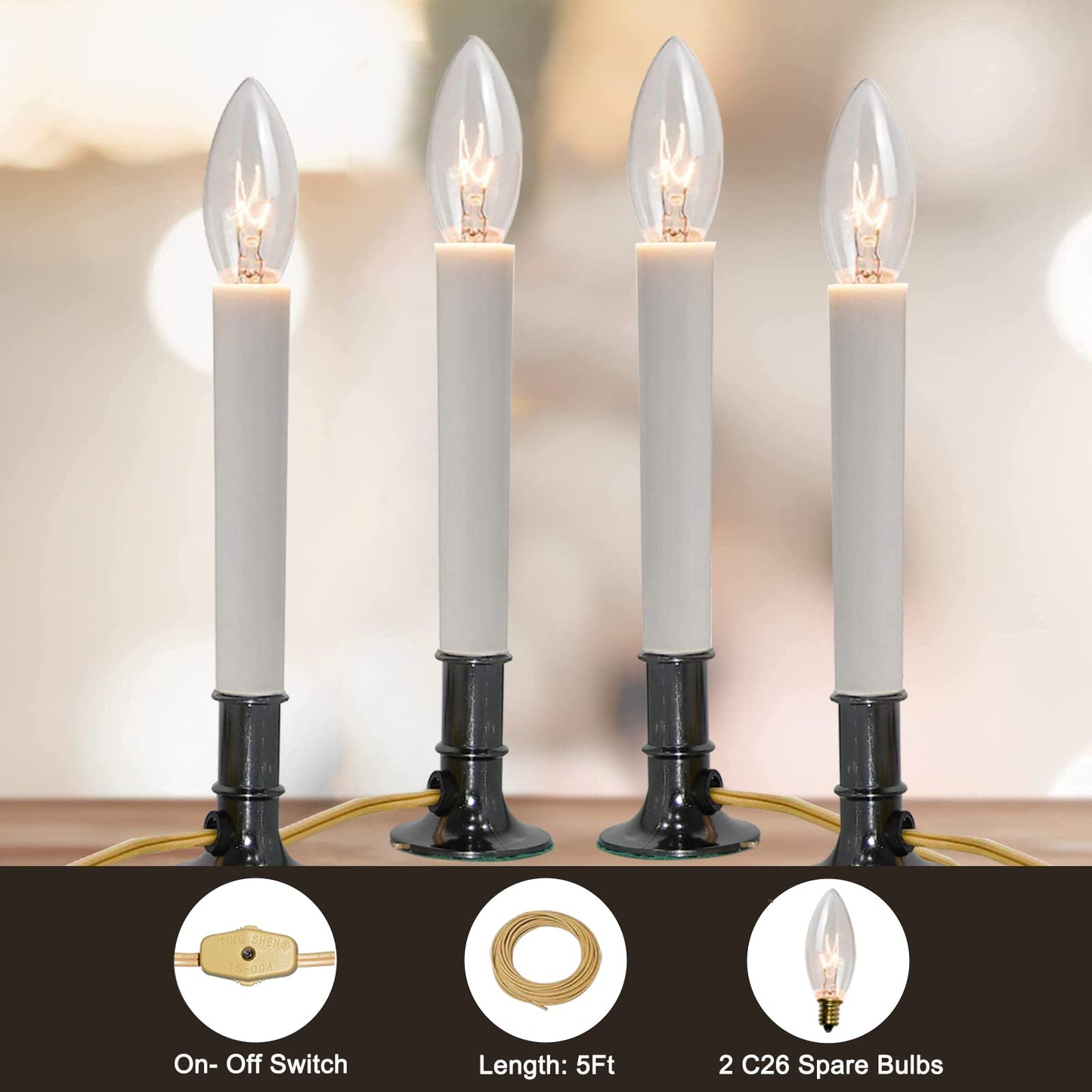 SUNSGNE Electric Christmas Window Candles with Nickel Plated Base, Electric Window Candle Lamp Lights Plug in Christmas Candle Lamp with 7 Watts C26 Light Bulbs, Turn On/Off Switch (Pack of 4)