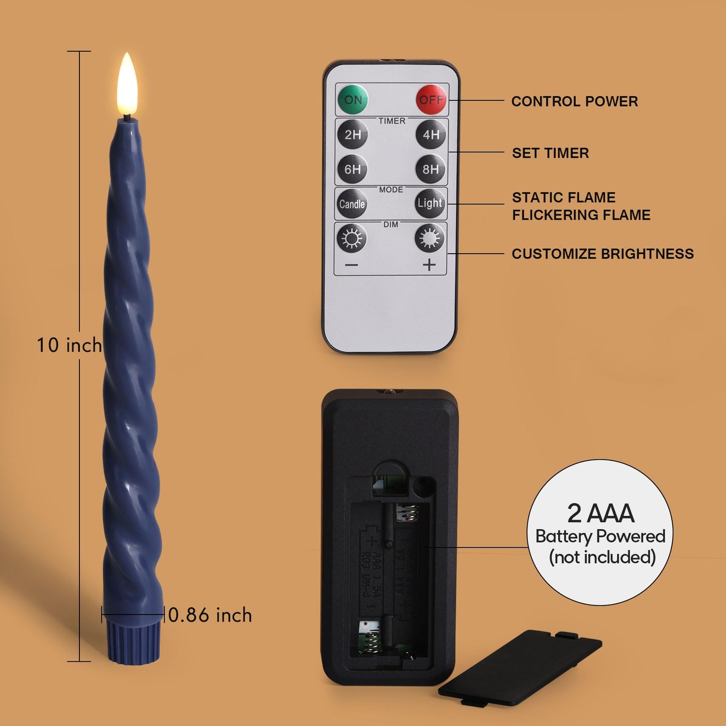Girimax Spiral Flameless Taper Candles with Remote, Navy Blue Candles Battery Operated, Flickering LED Wax Candlesticks Set of 6