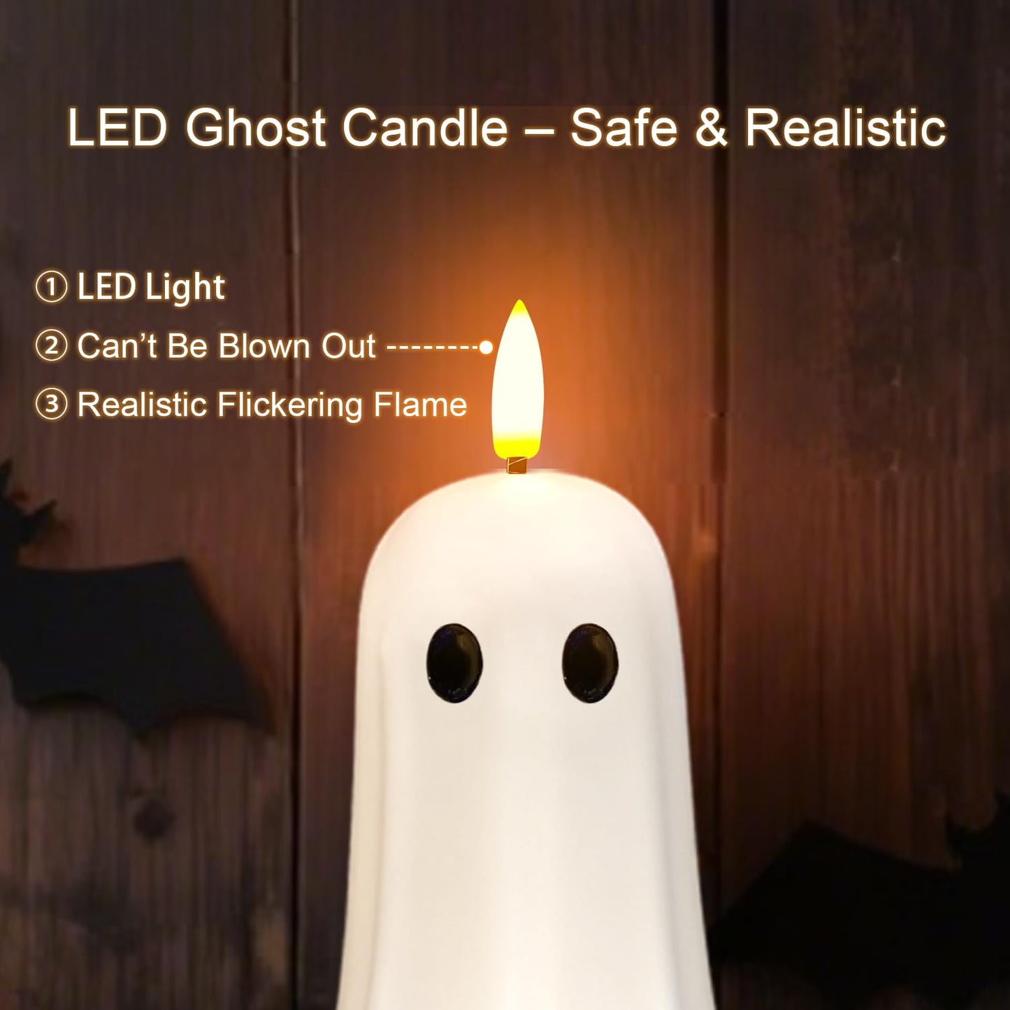 Halloween Ghost Flameless Candle with Timer – LED Candle with Flickering Flame, Real Wax, Remote Control, Spooky Halloween Decorations Indoors, Cute Tabletop Decor for Mantel Home, Battery Operated