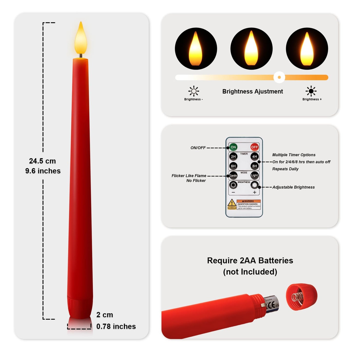 Meigic 6 Pcs Red Flameless Taper Candles with Remote Timer Dimmer, Plastic Led Taper Candles Realistic, 9.6 Inches Battery Operated Candlesticks Flickering, for Party Holiday Christmas Decor