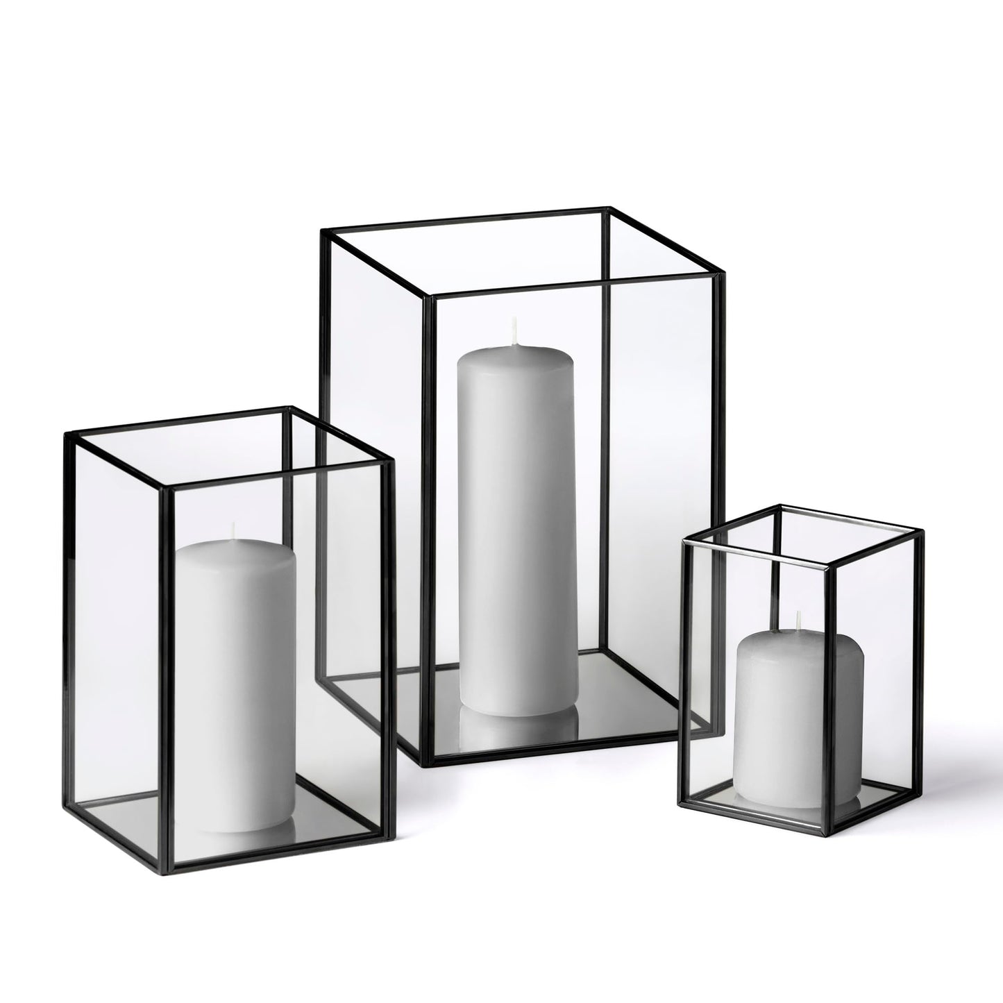 Yummi Set of 36 Slim Pillar Candles & Black Luxus Lanterns - Light Gray