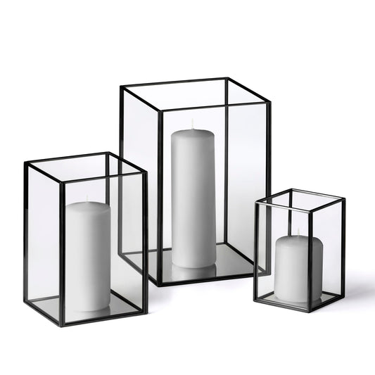 Yummi Set of 36 Slim Pillar Candles & Black Luxus Lanterns - Light Gray