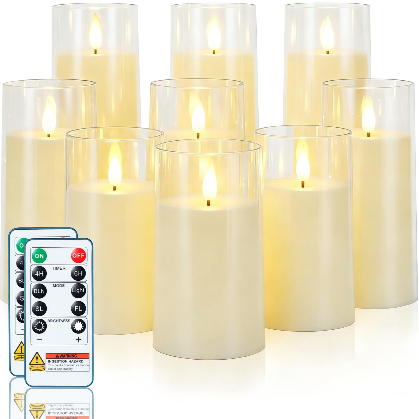 Homemory Ivory Flickering Flameless Candles, Battery Operated Acrylic LED Pillar Candles with Remote Control and Timer, Set of 9