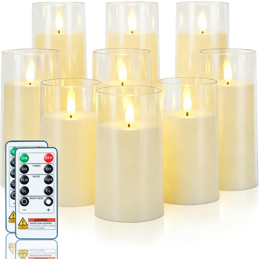 Homemory Ivory Flickering Flameless Candles, Battery Operated Acrylic LED Pillar Candles with Remote Control and Timer, Set of 9