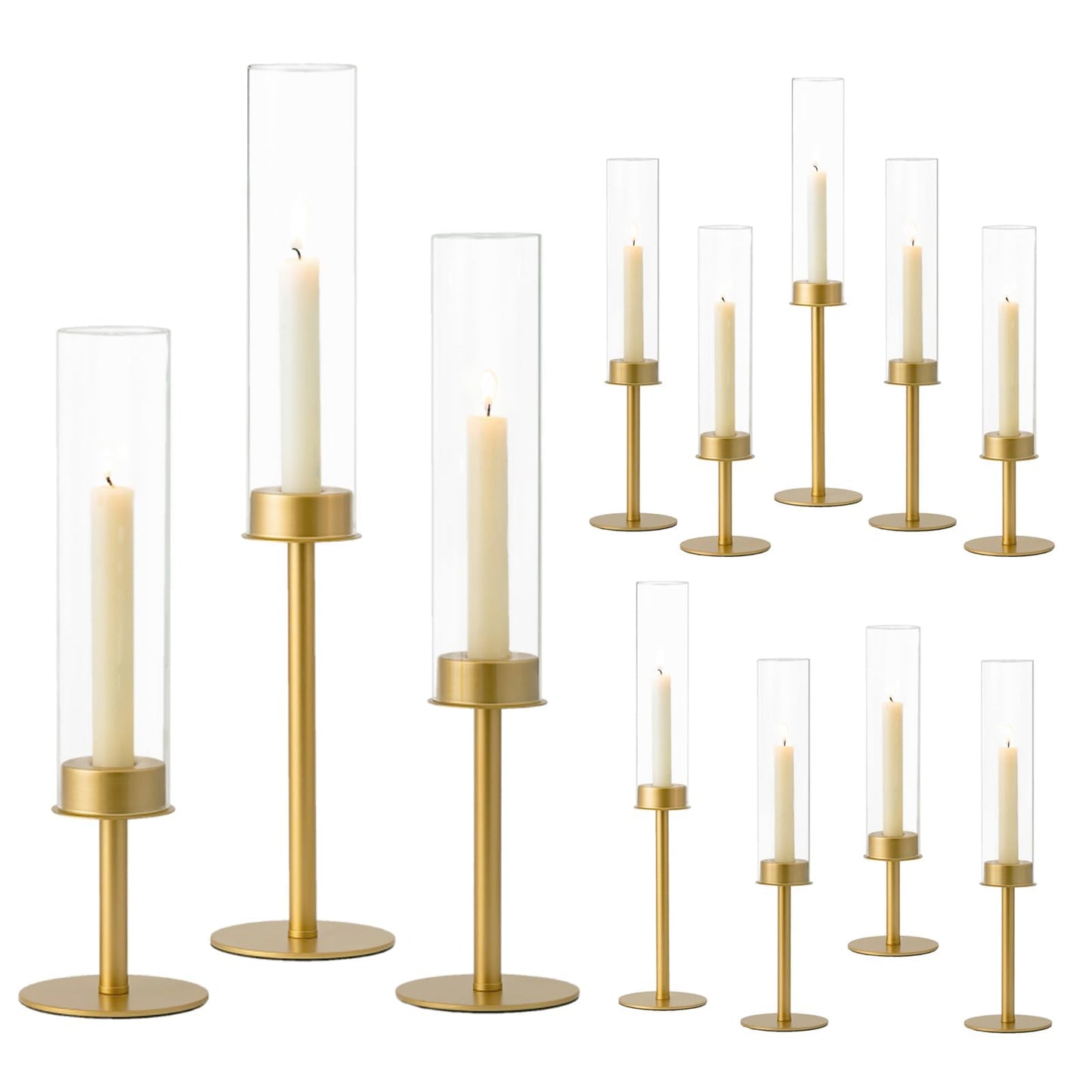Hewory Gold Candle Holders, 12Pcs Brass Hurricane Candlestick Holders with Glass Candle Cover for Wedding Table Centerpiece Christmas Decor