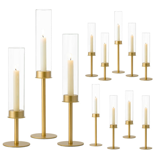 Hewory Gold Candle Holders, 12Pcs Brass Hurricane Candlestick Holders with Glass Candle Cover for Wedding Table Centerpiece Christmas Decor