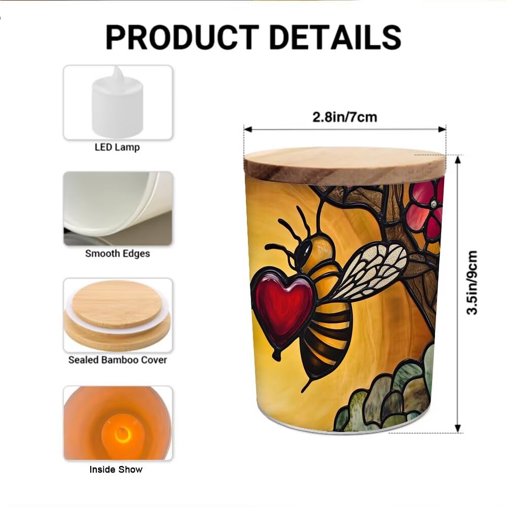 Stained Glass Farmhouse Bees Tea Light Candle Holders, Hearts Tealight Candle Holder Jar with Wooden Lid, Floral Votive Candlesticks for Table Centerpieces, Christmas,Birthday Party