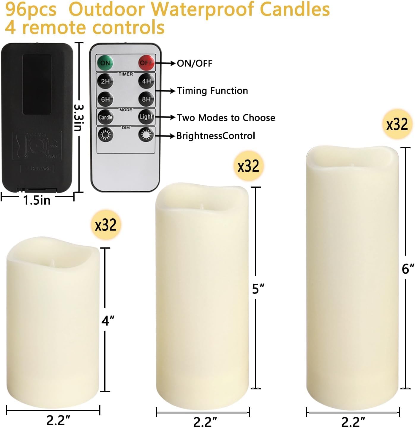 YOROXRG Set of 96 Waterproof Outdoor Flameless Candles, LED Candles with 4 Remote and Timer,(H 4" 5" 6" x D 2.2"),for Halloween Wedding Festival