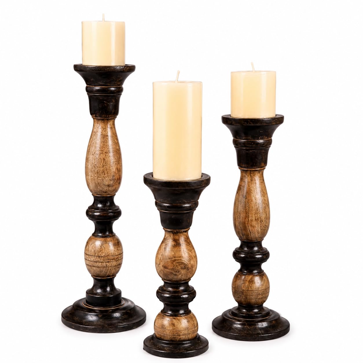 Black Candle Holder Brown Wood Beautiful Tall Farmhouse Set of 3