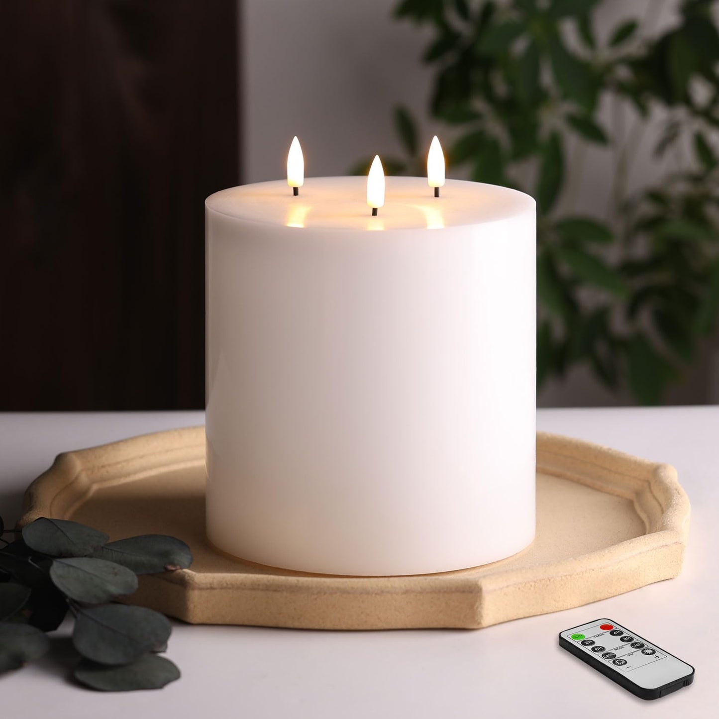 Eywamage White 3 Wick Flameless Pillar Candle Φ 6" H 6", Giant Real Wax Flickering LED Candle with Remote