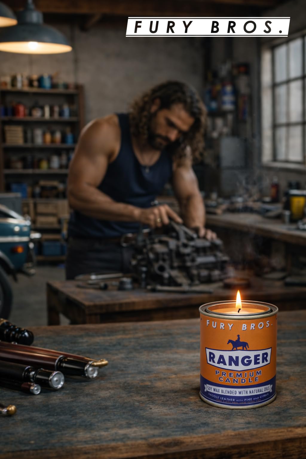 Fury Bros. Scented Candles for Men | Ranger | Saddle Leather Pine Citrus | Natural Soy Wax | Hand-Poured in the USA | Long 70-80 Hour Burn (12.5 oz) | Vintage-Inspired Tin Design | Dad Home Gift