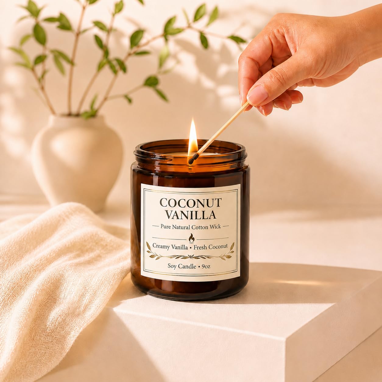 Coconut Vanilla Candle, 9 oz Soy Coconut Wax Scented Candle for Home, Vanilla Coconut Aromatherapy Candle, Clean Burning Jar Candle for Bedroom Bathroom Spa, Candle Gifts for Women Men