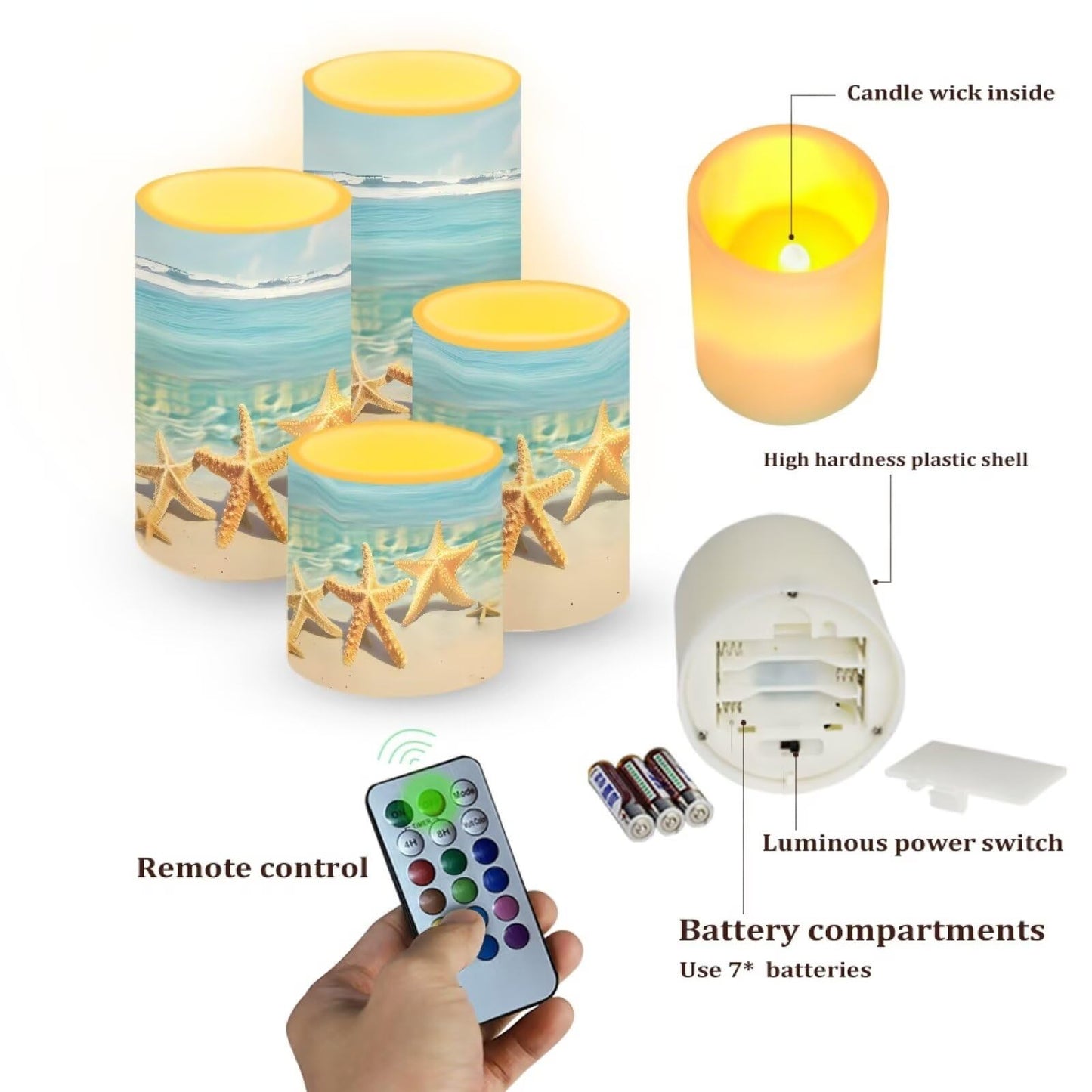 Merkmak Blue Beach Starfish Flameless Candles with Remote Battery Operated Candles with Timer 4 Pack Flameless Pillar Tea Lights Bulk for Indoor Outdoor Beach Wedding Coastal Home Decorations