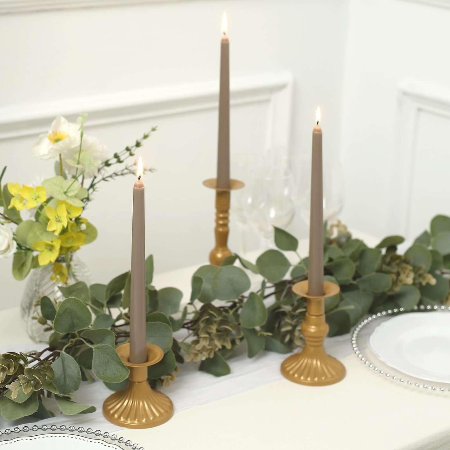 Tableclothsfactory 10" Tall Premium Quality Dripless Unscented Taupe Taper Candles Wedding Dinner Candles for Wedding Decoration Set of 12